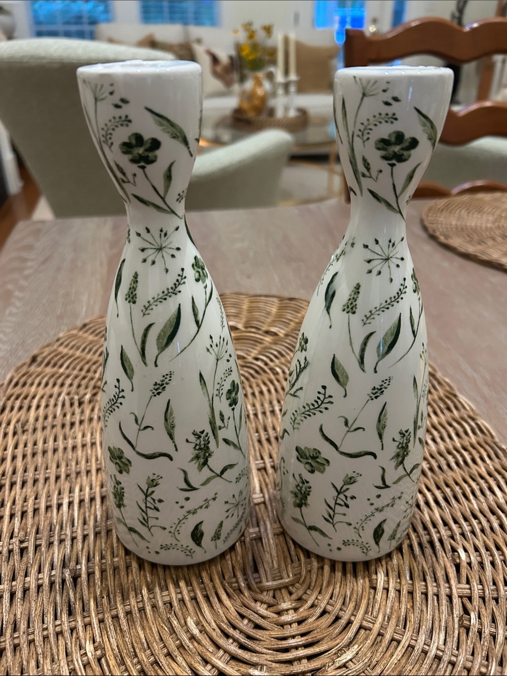 Green Botanical Ceramic Candle Holders - Pair